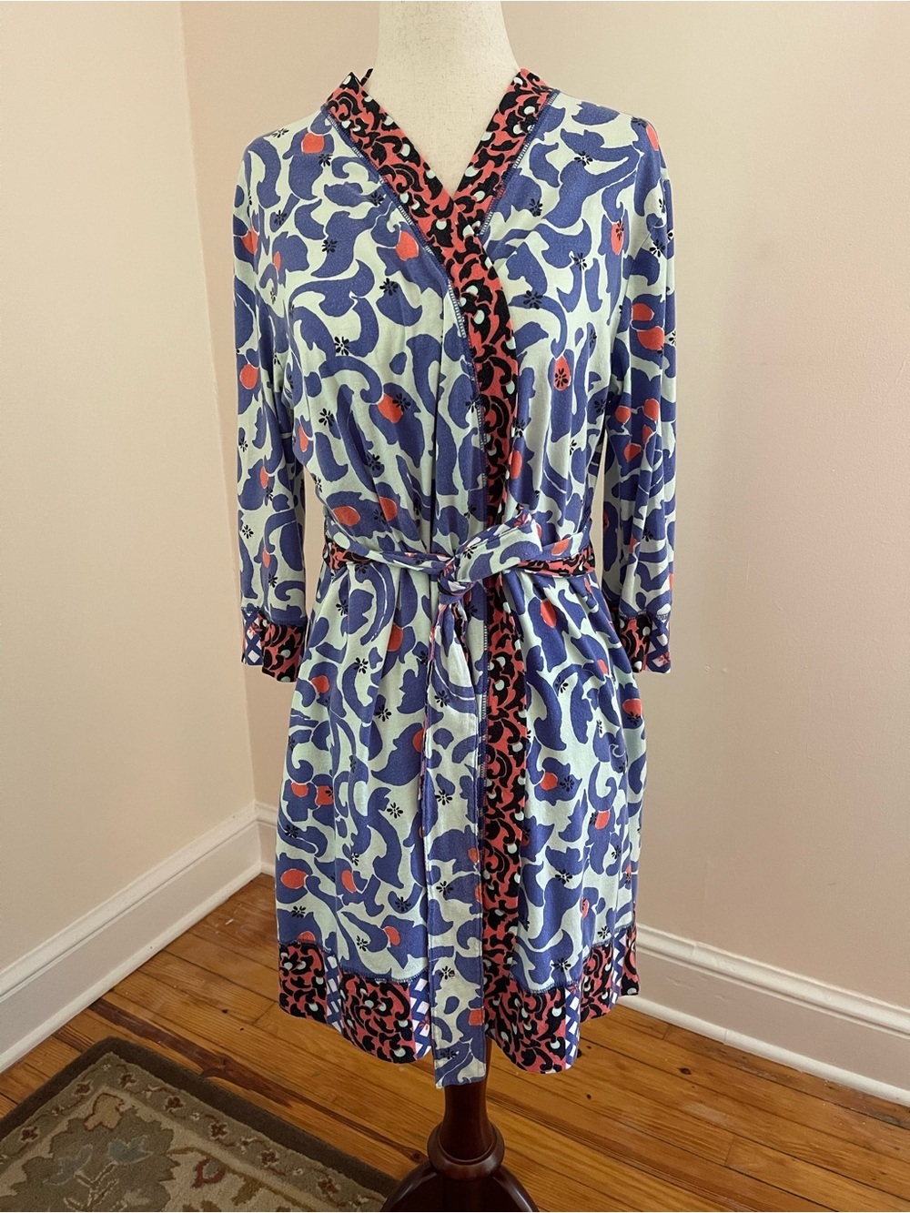 E by Eloise Anthropologie Printed Knit Robe XS/S Blue Coral Belted